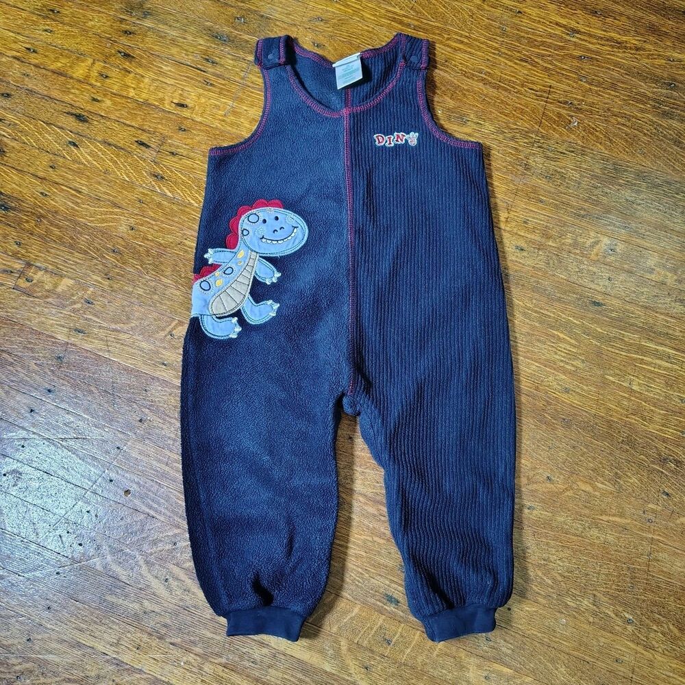 Vintage Navy Dinosaur Embroidered Fleece And Corduroy Overalls Boys Sz 24m/T790